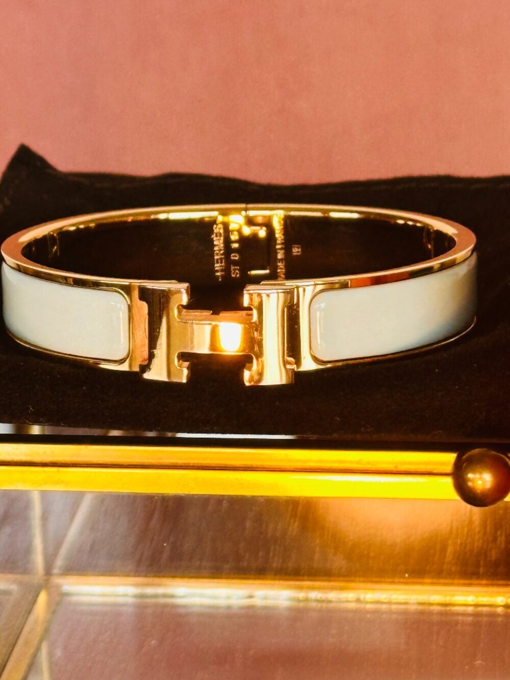 Authentic Hermès Clic H Bracelet Vert Argile / Gold Hardware (Full Set)